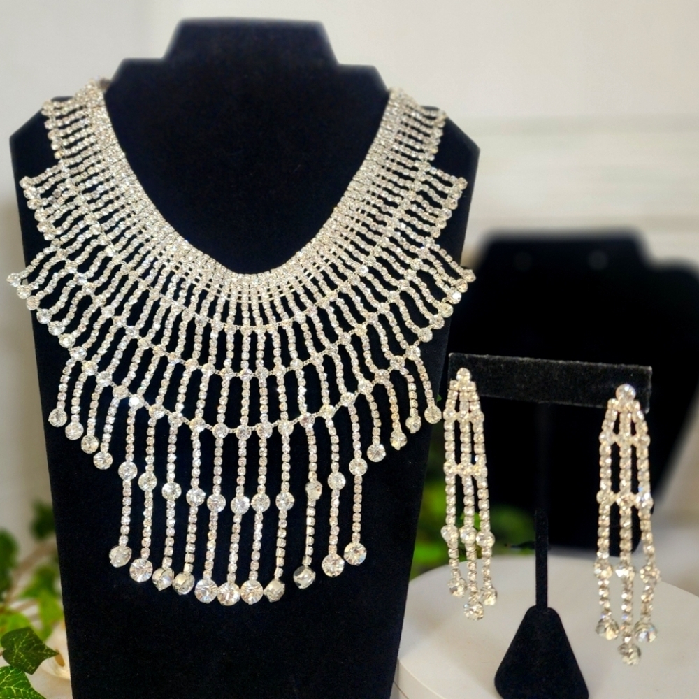 Statement Silver Crystal Collar Bib Necklace Earrings Set